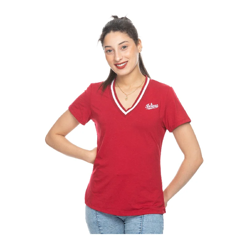 Thin Design Ladies Indiana Hoosiers V-Neck Stripe Crimson T-Shirt
