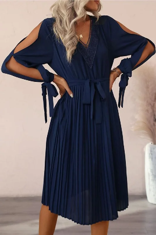Luxury And Elegant V NECK CUT OUT TIED SLEEVE PLEATED CASUAL DRESS
