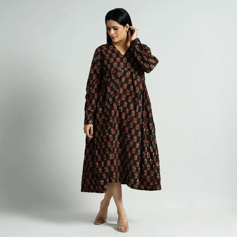 Casual And Comfortable Black - Bagru Block Printed Cotton Flared Dress