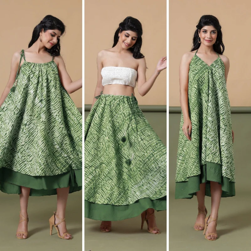 Fashion Style 6-Way Convertible Forest Green Tie-Dye Cotton Skirt Dress