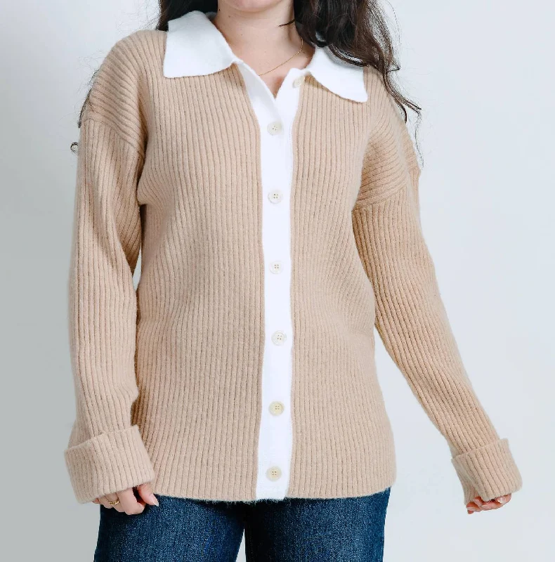 Printed Patterns Contrast Two Tone Ribbed Cardigan In Cream/beige